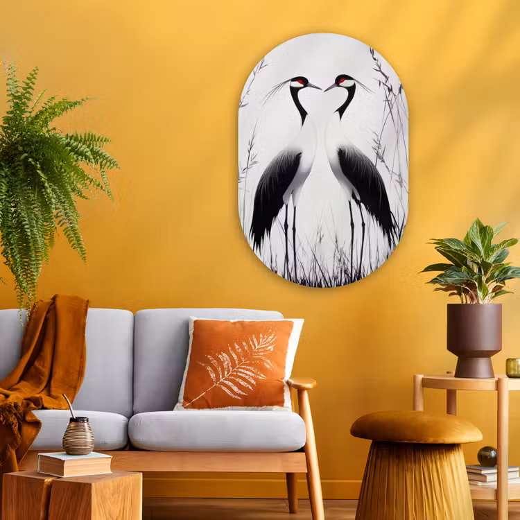 Kraanvogels - Gras - Hartvorm - Zwart Wandcirkel Ovaal Glas middel -sfeer4