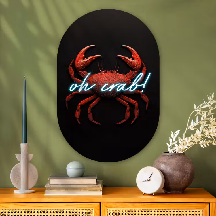 Krab - Rood - Neon - Quote Wandcirkel Ovaal Glas middel -sfeer2