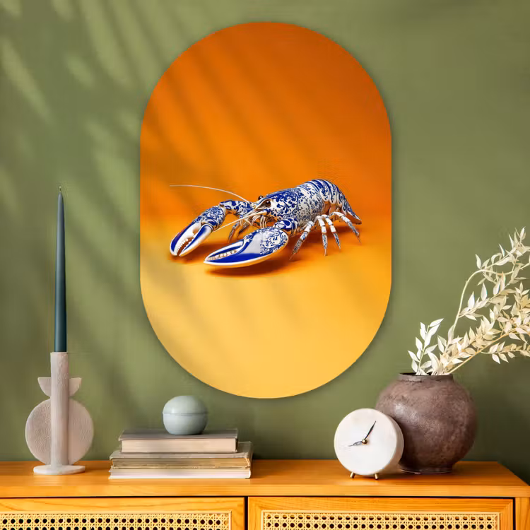 Kreeft - Delftsblauw - Schild - Stoer - Oranje Wandcirkel Ovaal Glas middel -sfeer2