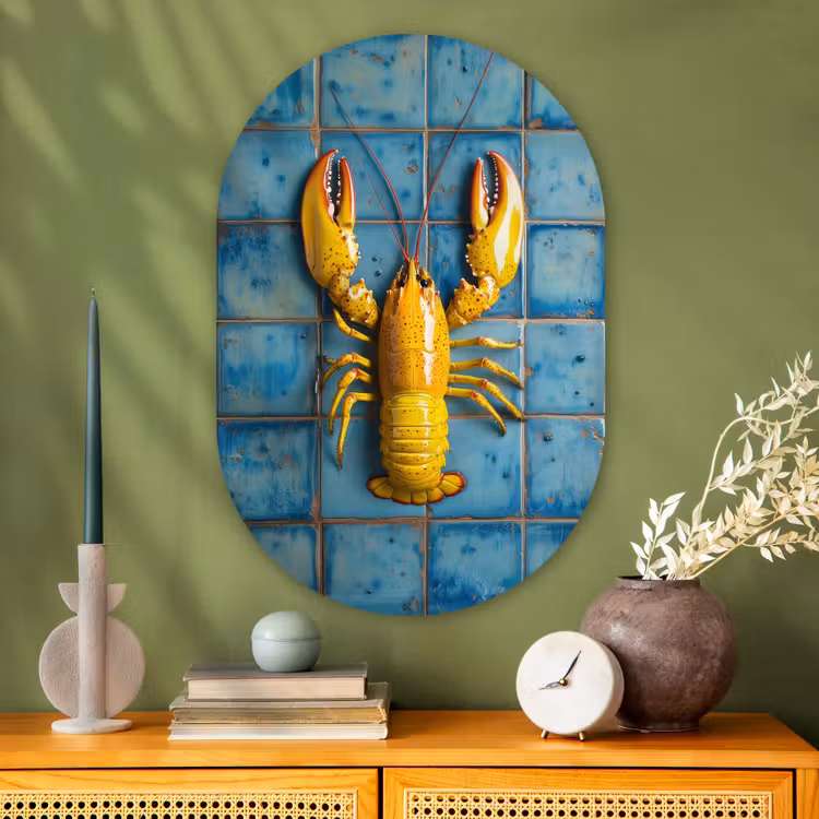 Kreeft - Geel - Blauw - Tegels Wandcirkel Ovaal Glas middel -sfeer2