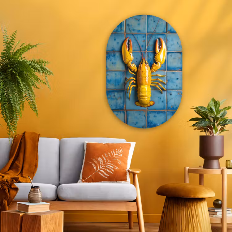 Kreeft - Geel - Blauw - Tegels Wandcirkel Ovaal Glas middel -sfeer4