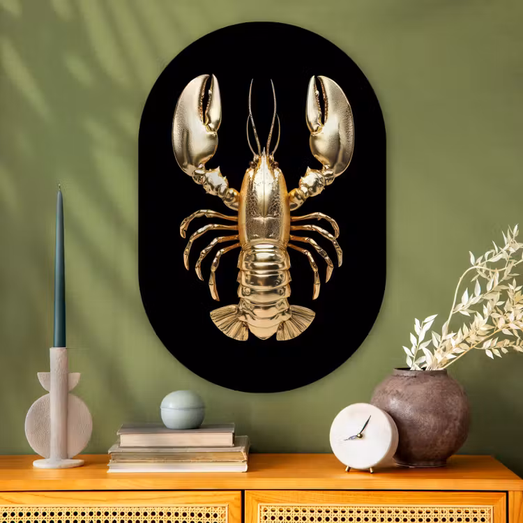 Kreeft - Goud - Textuur - Zwart Wandcirkel Ovaal Glas middel -sfeer2