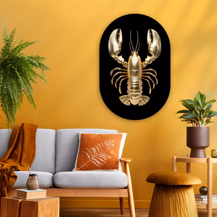 Kreeft - Goud - Textuur - Zwart Wandcirkel Ovaal Glas middel -sfeer4