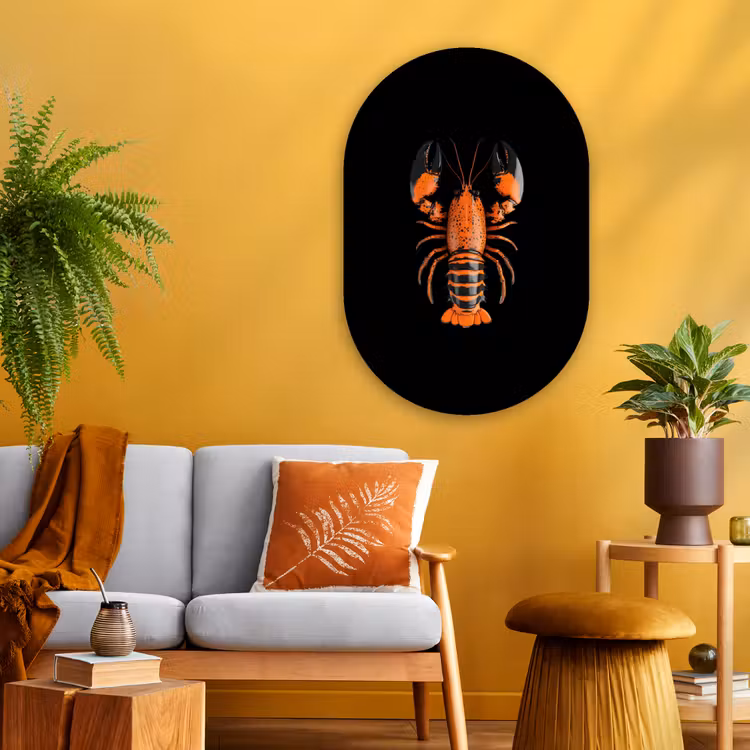 Kreeft - Oranje - Zwart - Modern Wandcirkel Ovaal Glas middel -sfeer4