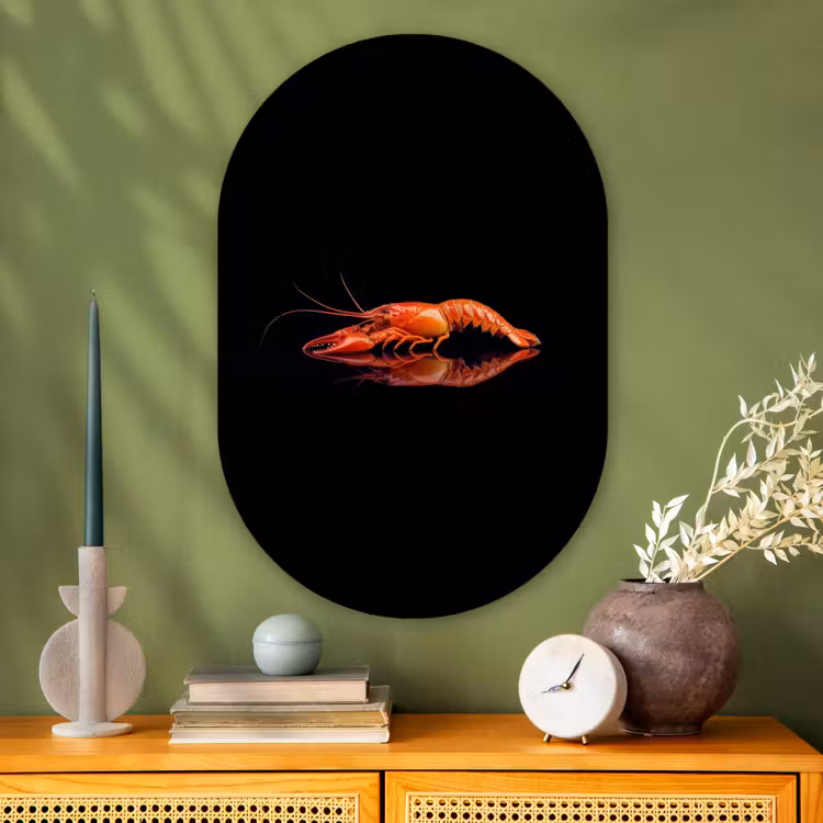 Kreeft - Oranje - Zwart - Opvallend Wandcirkel Ovaal Glas middel -sfeer2