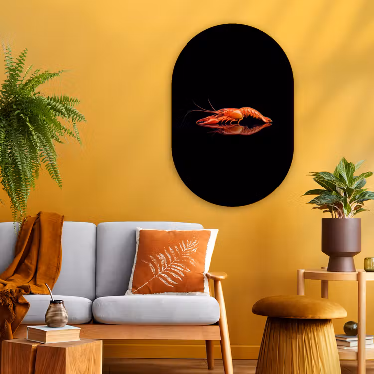 Kreeft - Oranje - Zwart - Opvallend Wandcirkel Ovaal Glas middel -sfeer4