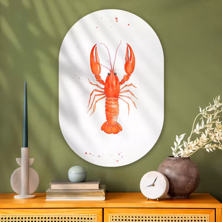 Kreeft - Waterverf - Aquarel - Oranje Wandcirkel Ovaal Glas middel -sfeer2
