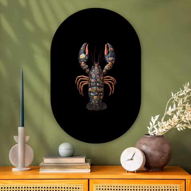 Kreeft - Zwart - Bloemenpatroon - Artistiek Wandcirkel Ovaal Glas middel -sfeer2