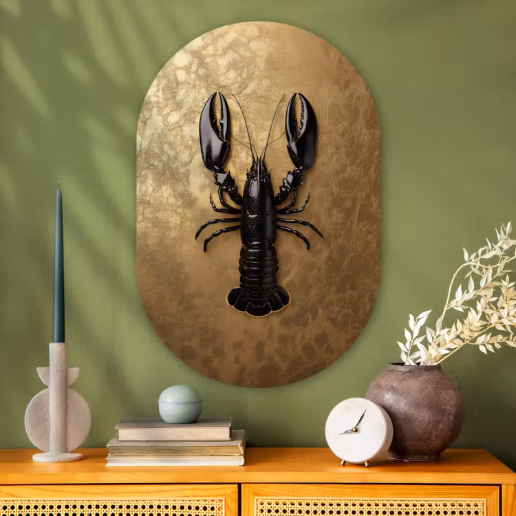 Kreeft - Zwart - Goud - Luxe Wandcirkel Ovaal Glas middel -sfeer2