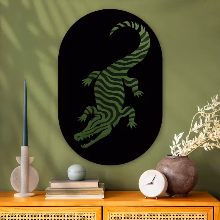 Krokodil - Groen - Tijgerachtig - Strepen Wandcirkel Ovaal Glas middel -sfeer2