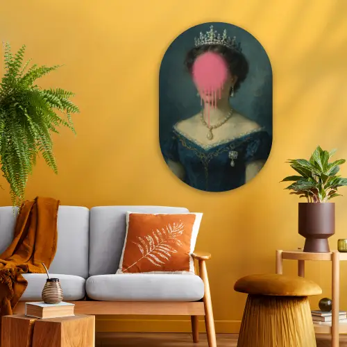 Kroon - Roze druipend verf - Portret Wandcirkel Ovaal Glas middel -sfeer4