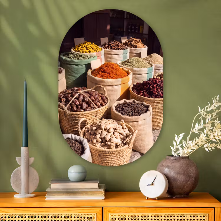 Muurovaal glas - Kruiden - Markt - Kleurrijk - Kruiden - Markt - Kleurrijk Wandcirkel Ovaal Glas middel