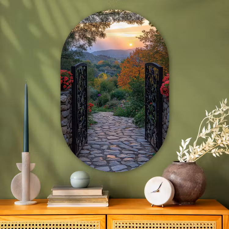 Landschap - Hek - Pad - Zonsondergang - Natuur Wandcirkel Ovaal Glas middel -sfeer2