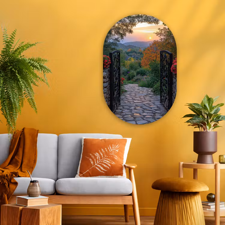 Landschap - Hek - Pad - Zonsondergang - Natuur Wandcirkel Ovaal Glas middel -sfeer4