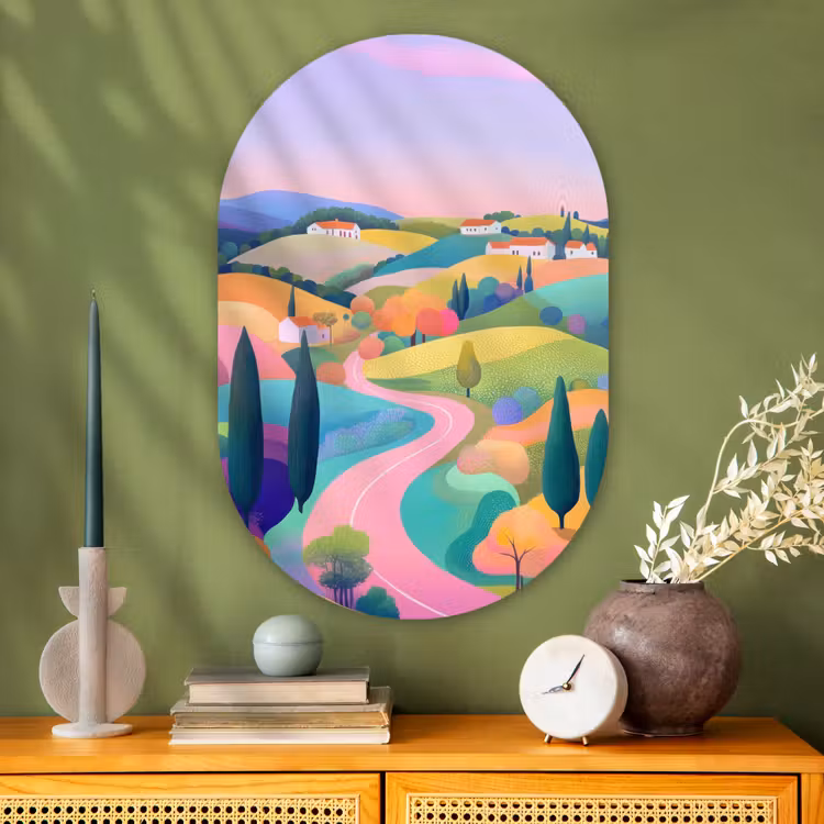 Landschap - Paars - Pastel - Huizen Wandcirkel Ovaal Glas middel -sfeer2