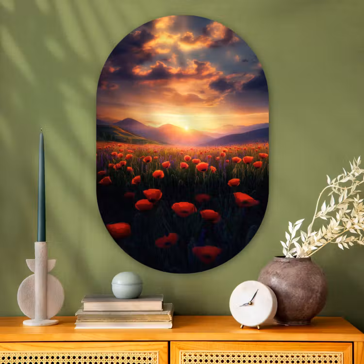 Landschap - Zonsondergang - Bloemenveld Wandcirkel Ovaal Glas middel -sfeer2