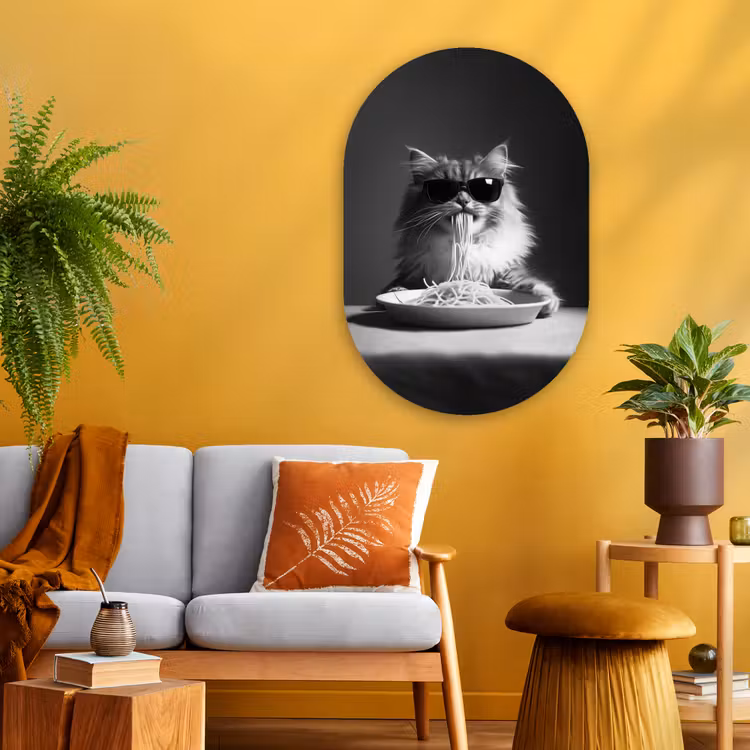 Langharige kat - Zonnebril - Spaghetti - Humor - Zwart - wit Wandcirkel Ovaal Glas middel -sfeer4