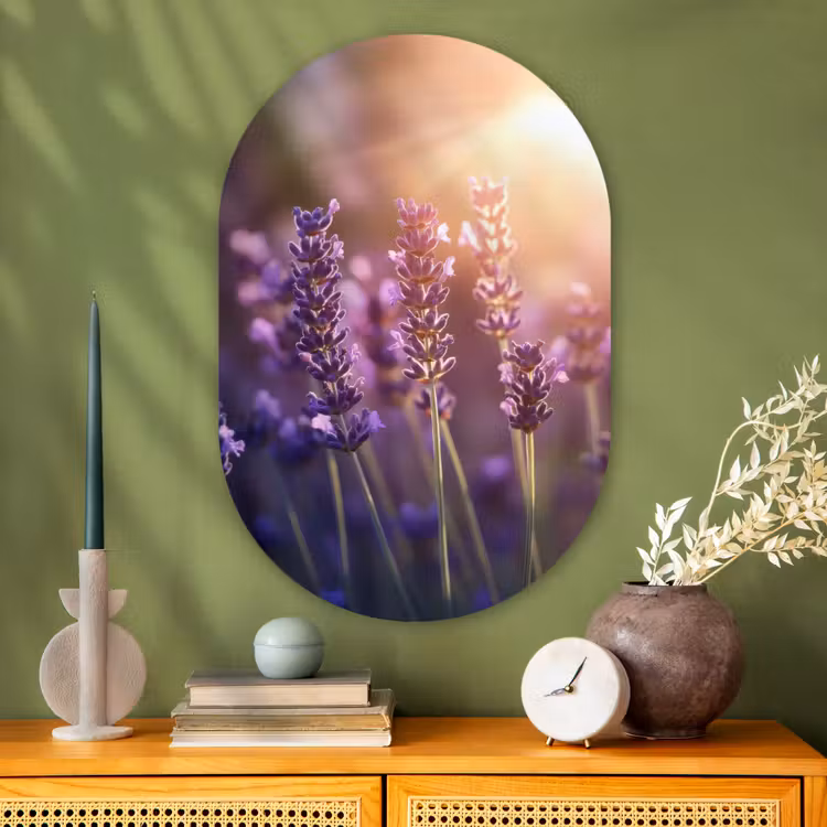 Lavendelbloemen - Paars - Zonlicht Wandcirkel Ovaal Glas middel -sfeer2