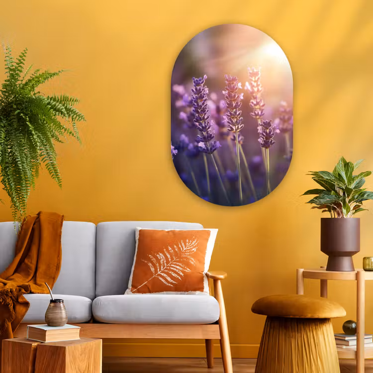Lavendelbloemen - Paars - Zonlicht Wandcirkel Ovaal Glas middel -sfeer4