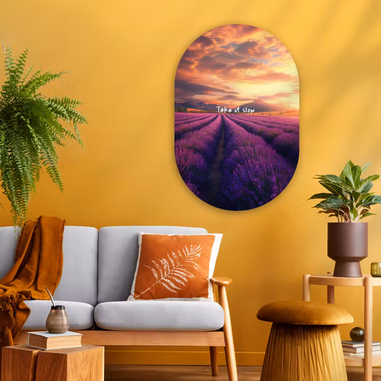 Lavendelveld - Quote - Zonsondergang Wandcirkel Ovaal Glas middel -sfeer4