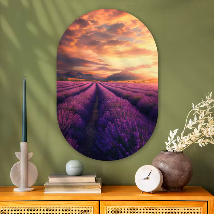 Lavendelveld - Zonsondergang - Paars Wandcirkel Ovaal Glas middel -sfeer2
