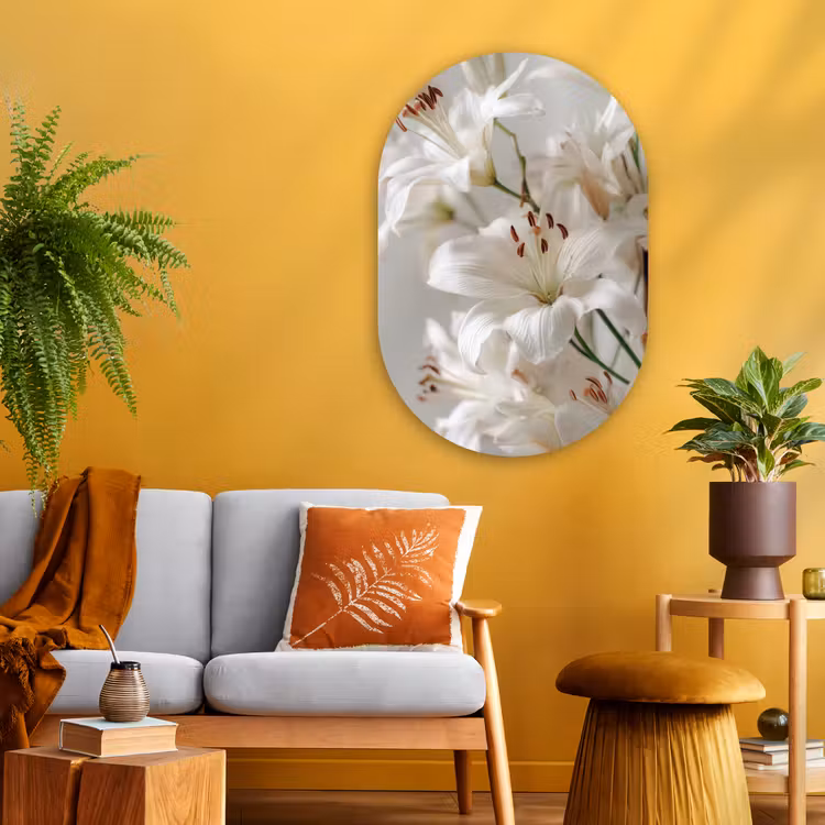 Lelies - Boekte - Wit - Meeldraden Wandcirkel Ovaal Glas middel -sfeer4