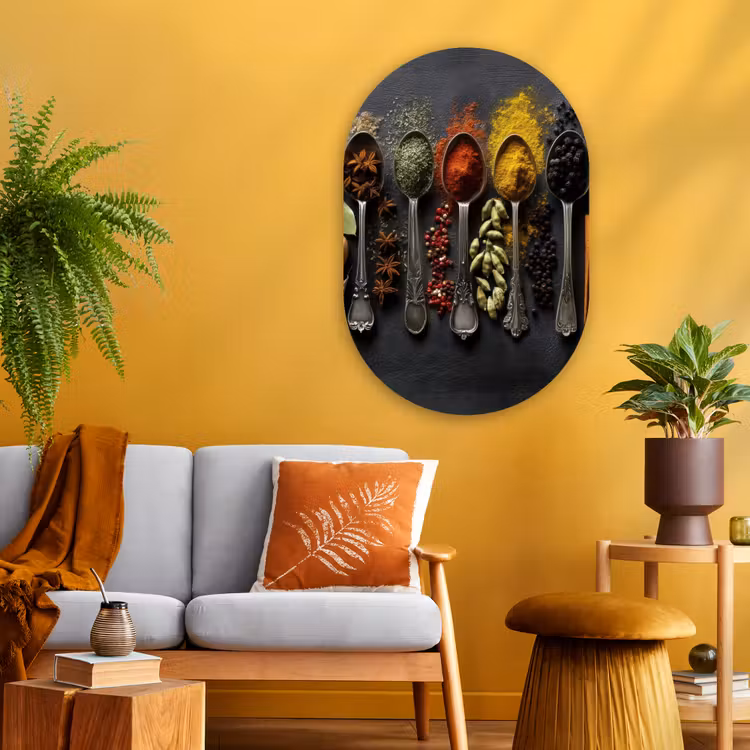 Lepels - Specerijen - Kaneel - Chili Wandcirkel Ovaal Glas middel -sfeer4