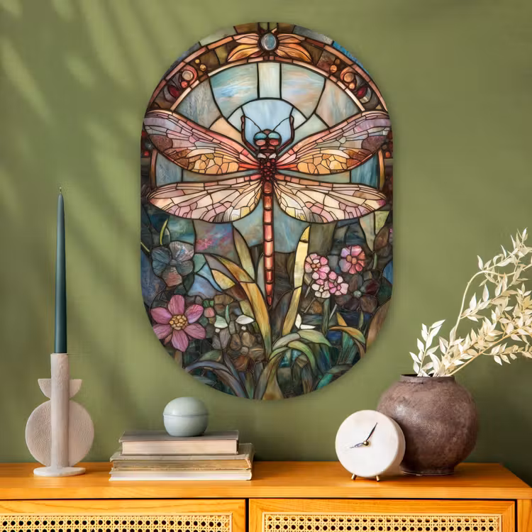 Libelle - Mozaïek - Bloemen - Kleurrijk Wandcirkel Ovaal Glas middel -sfeer2