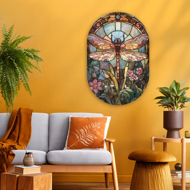 Libelle - Mozaïek - Bloemen - Kleurrijk Wandcirkel Ovaal Glas middel -sfeer4