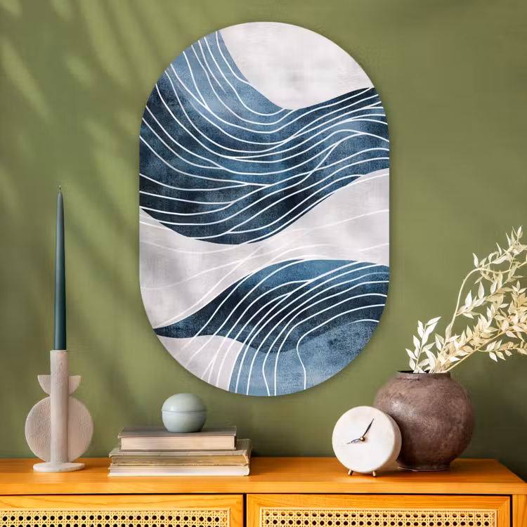Lijnen - Golven - Abstract - Blauw Wandcirkel Ovaal Glas middel -sfeer2