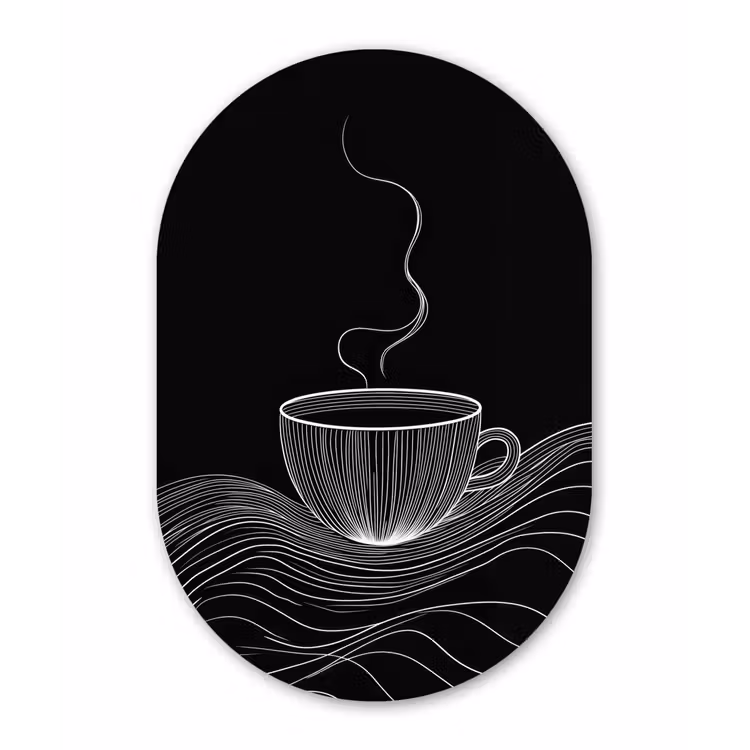 Lijntekening - Koffiekop - Zwart Wandcirkel Ovaal Glas middel -3d