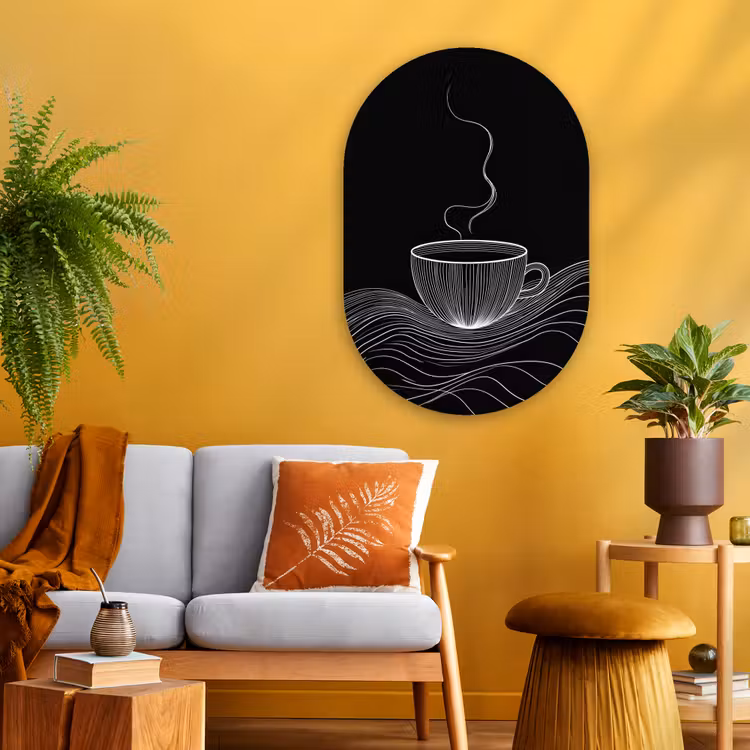 Lijntekening - Koffiekop - Zwart Wandcirkel Ovaal Glas middel -sfeer4