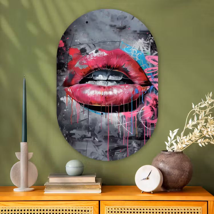 Lippen - Felroze - Graffiti - Verfstrepen Wandcirkel Ovaal Glas middel -sfeer2