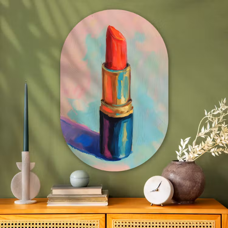 Lippenstift - Rood - Penseelstreken Wandcirkel Ovaal Glas middel -sfeer2