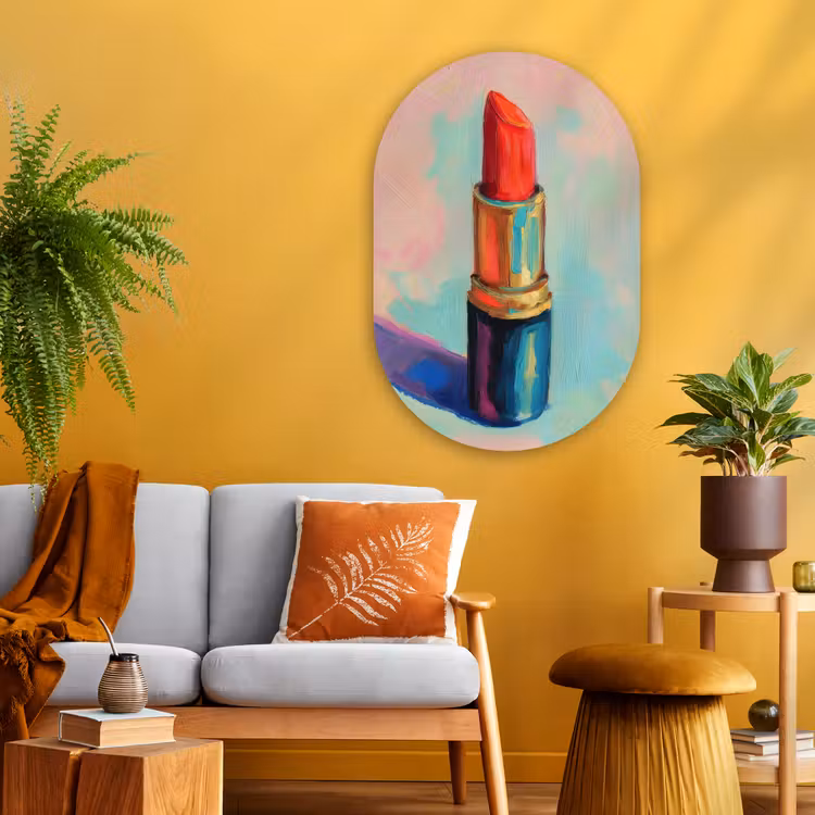 Lippenstift - Rood - Penseelstreken Wandcirkel Ovaal Glas middel -sfeer4