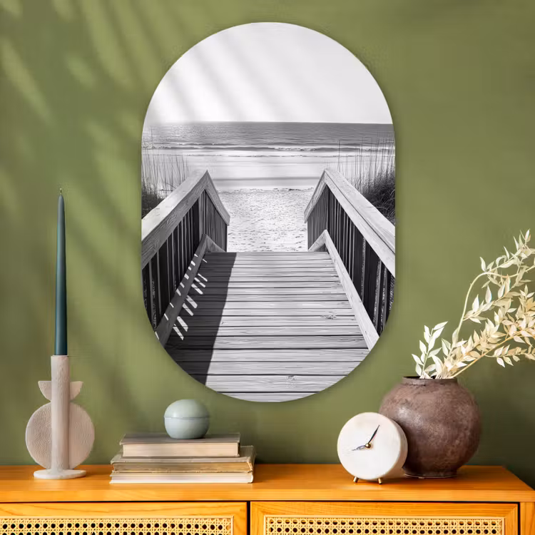 Loopbrug - Hout - Strand - Zee Wandcirkel Ovaal Glas middel -sfeer2