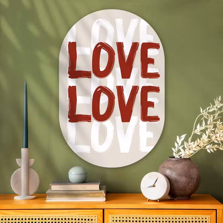 Love - Rood - Tekst Wandcirkel Ovaal Glas middel -sfeer2