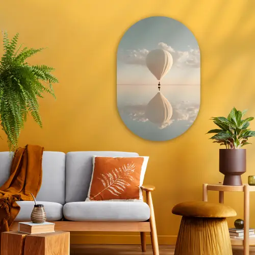 Luchtballon - Wolken - Water - Blauw Wandcirkel Ovaal Glas middel -sfeer4