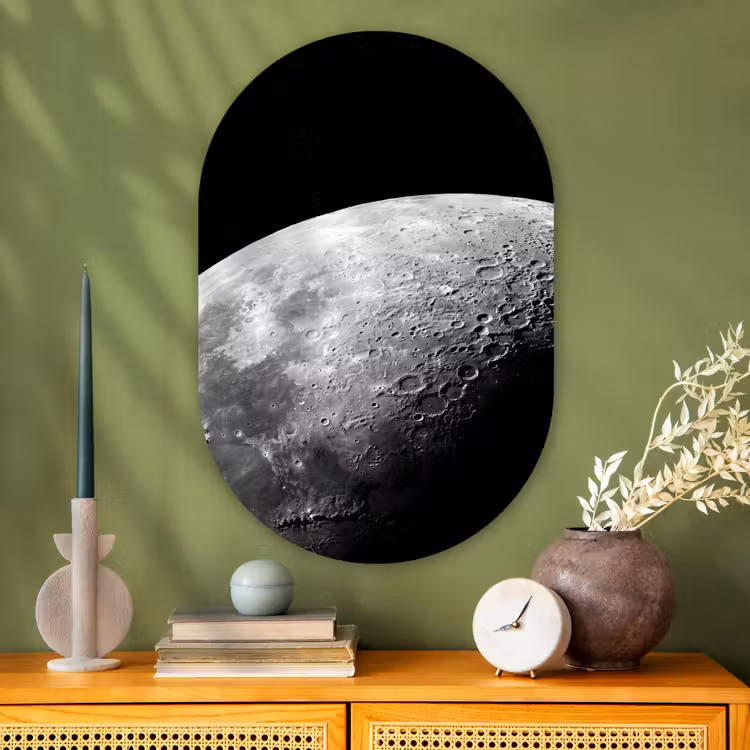 Muurovaal glas - Maan - Kraters - Ruimte - Maan - Kraters - Ruimte Wandcirkel Ovaal Glas middel