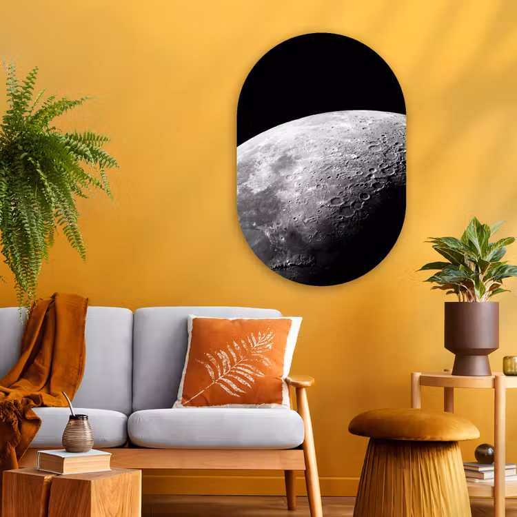 Muurovaal glas - Maan - Kraters - Ruimte - Maan - Kraters - Ruimte Wandcirkel Ovaal Glas middel