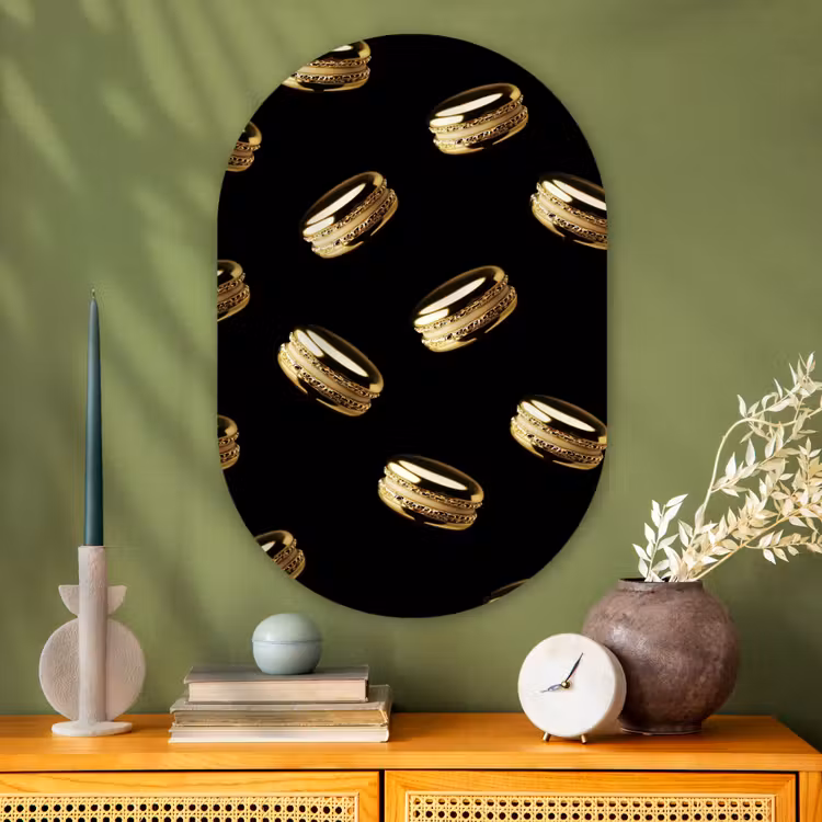 Macarons - Patroon - Goud - Zwart Wandcirkel Ovaal Glas middel -sfeer2
