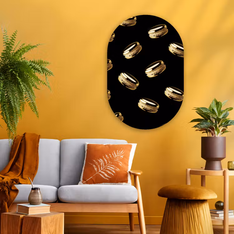 Macarons - Patroon - Goud - Zwart Wandcirkel Ovaal Glas middel -sfeer4