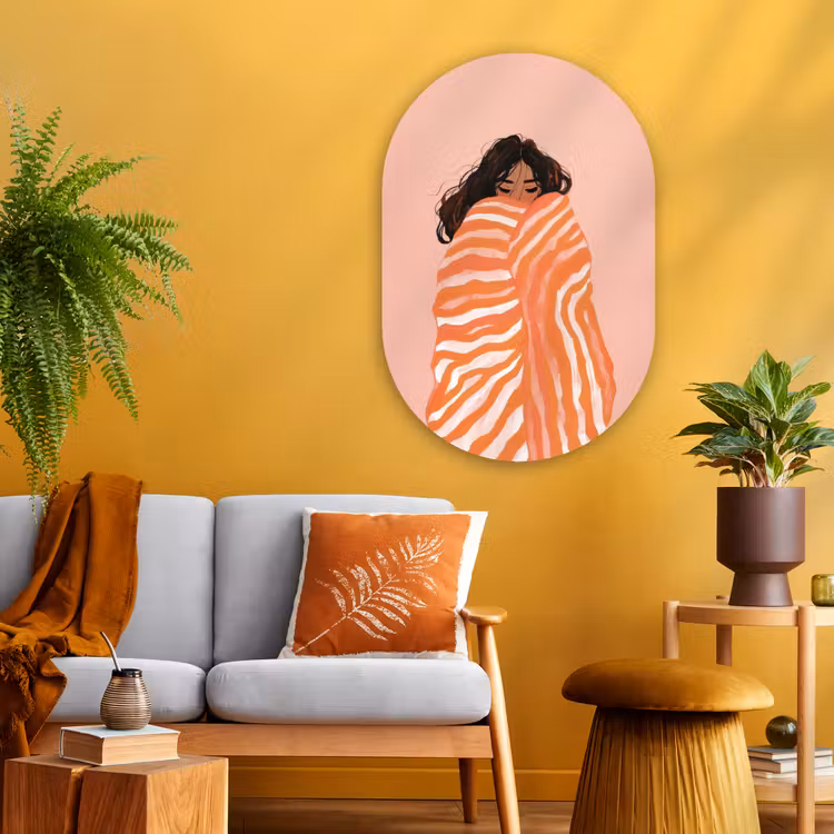 Meisje - Deken - Gestreept - Oranje Wandcirkel Ovaal Glas middel -sfeer4