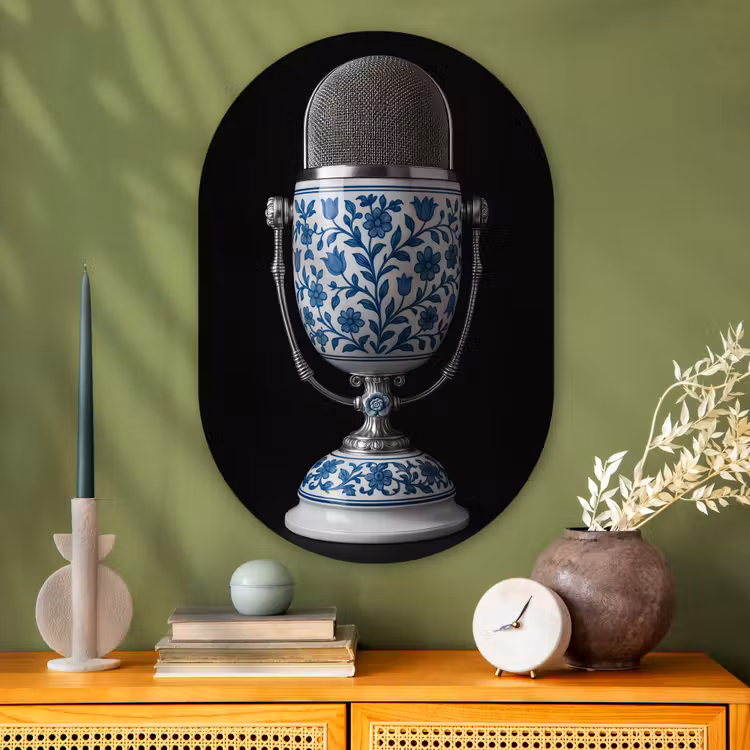 Microfoon - Delfts blauw - Muziek Wandcirkel Ovaal Glas middel -sfeer2