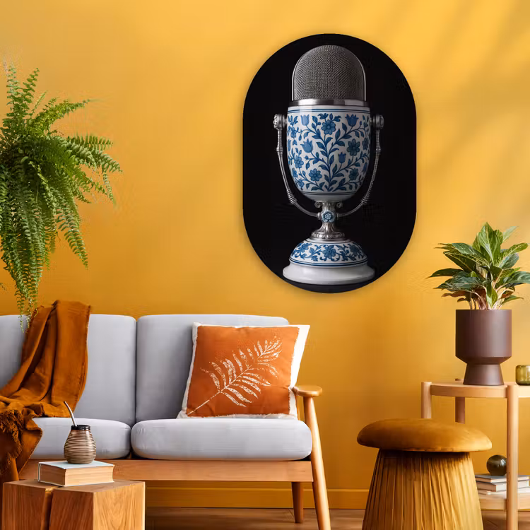 Microfoon - Delfts blauw - Muziek Wandcirkel Ovaal Glas middel -sfeer4