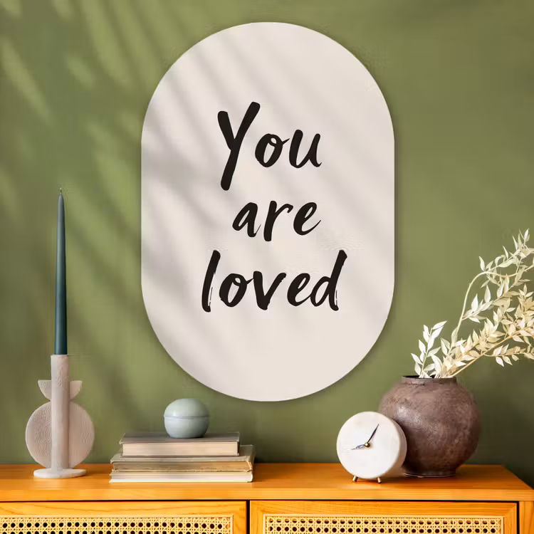 Minimalistisch - Beige - Love Wandcirkel Ovaal Glas middel -sfeer2
