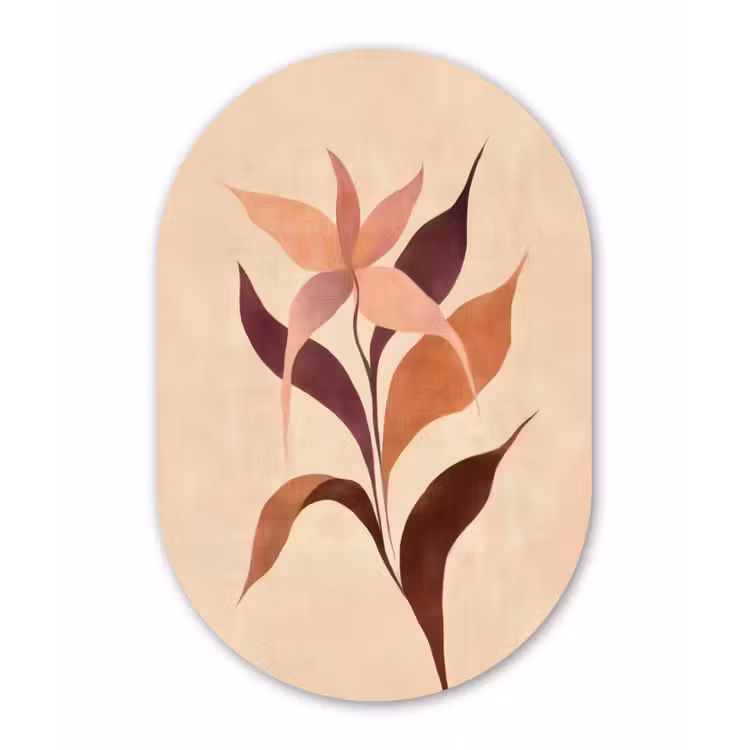 Minimalistisch - Bloem - Bladeren - Beige Wandcirkel Ovaal Glas middel -3d