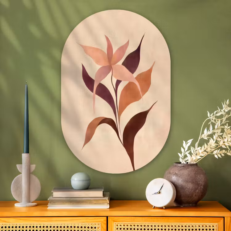 Minimalistisch - Bloem - Bladeren - Beige Wandcirkel Ovaal Glas middel -sfeer2