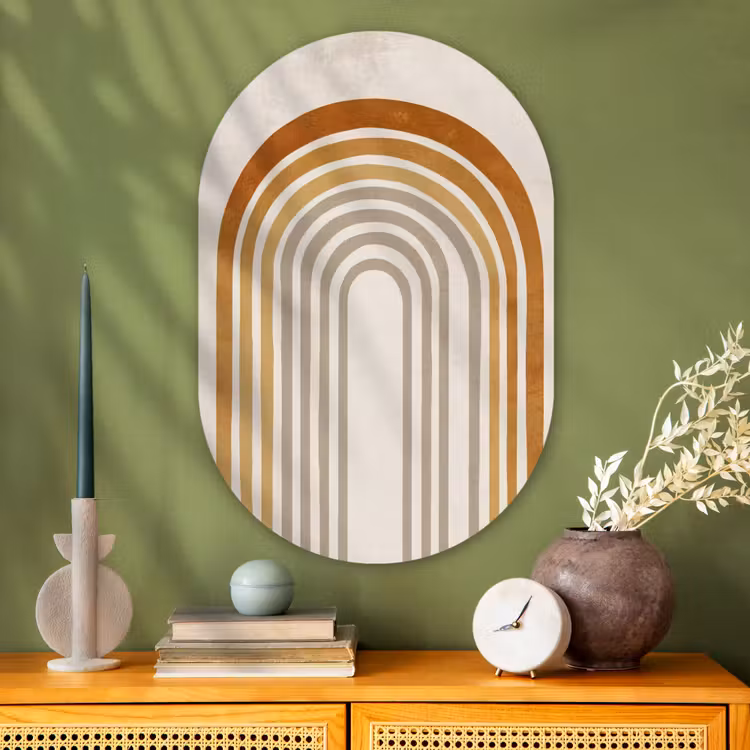 Minimalistisch - Boog - Lijnen - Beige Wandcirkel Ovaal Glas middel -sfeer2