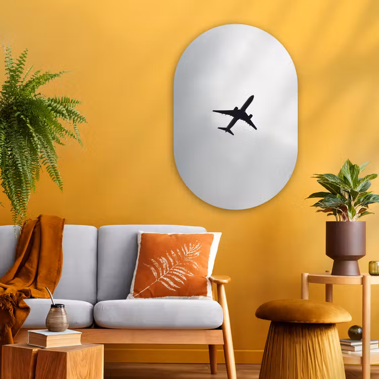 Minimalistisch - Silhouet - Zwart - Vliegtuig Wandcirkel Ovaal Glas middel -sfeer4